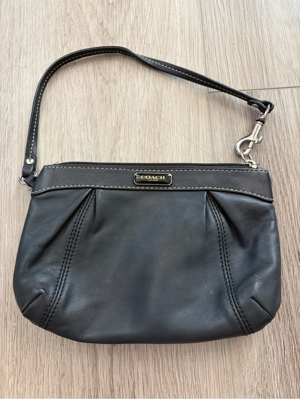 COACH Black Leather Pleated Wristlet with Contrast Stitching
